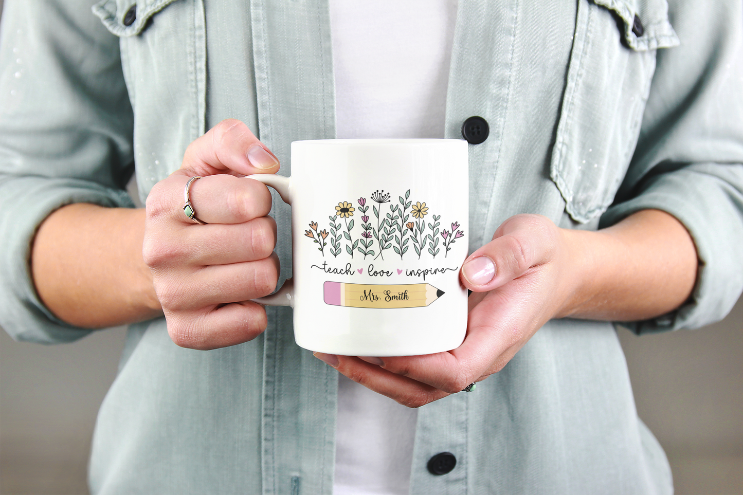 Personalised wildflower teacher mug, floral ceramic coffee cup custom name gift perfect for teacher appreciation, thank you teacher  gift