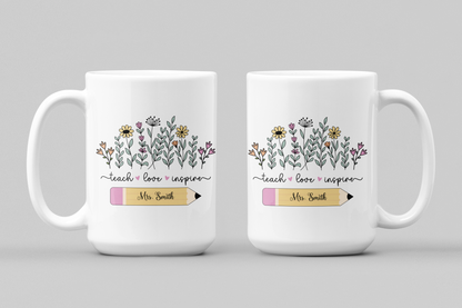Personalised wildflower teacher mug, floral ceramic coffee cup custom name gift perfect for teacher appreciation, thank you teacher  gift
