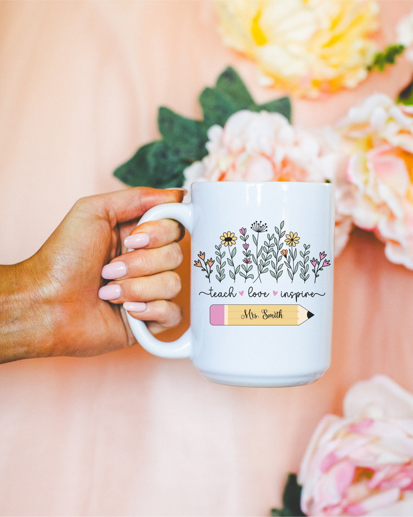 Personalised wildflower teacher mug, floral ceramic coffee cup custom name gift perfect for teacher appreciation, thank you teacher  gift