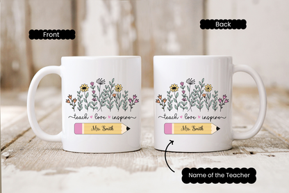 Personalised wildflower teacher mug, floral ceramic coffee cup custom name gift perfect for teacher appreciation, thank you teacher  gift