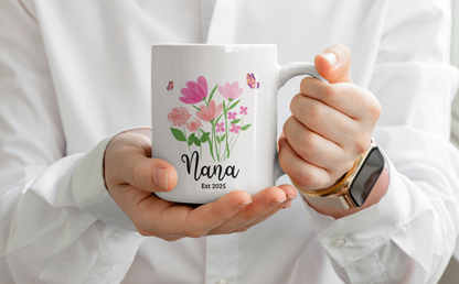 Personalised floral nana coffee mug, custom ceramic cup for new nana or grandma est 2025 gift perfect for mother's day, birthday, wildflower