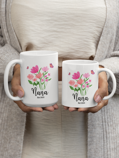 Personalised floral nana coffee mug, custom ceramic cup for new nana or grandma est 2025 gift perfect for mother's day, birthday, wildflower