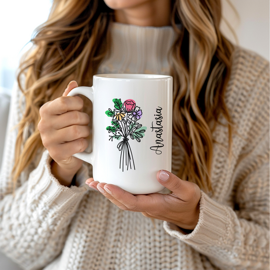 Custom Floral Coffee Mug with Name Personalized Birth Flower Design Coquette Style Gift for Mom Friend Daughter Wife or Coworker Birthday