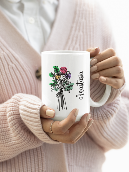 Custom Floral Coffee Mug with Name Personalized Birth Flower Design Coquette Style Gift for Mom Friend Daughter Wife or Coworker Birthday