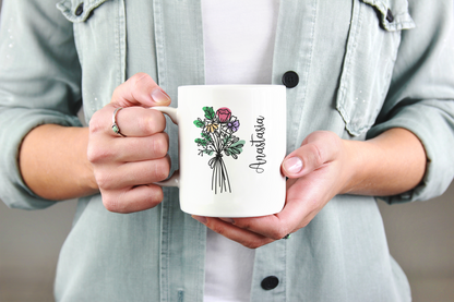 Custom Floral Coffee Mug with Name Personalized Birth Flower Design Coquette Style Gift for Mom Friend Daughter Wife or Coworker Birthday