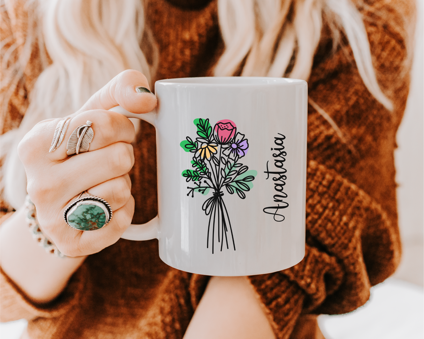 Custom Floral Coffee Mug with Name Personalized Birth Flower Design Coquette Style Gift for Mom Friend Daughter Wife or Coworker Birthday