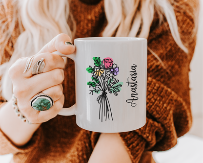 Custom Floral Coffee Mug with Name Personalized Birth Flower Design Coquette Style Gift for Mom Friend Daughter Wife or Coworker Birthday