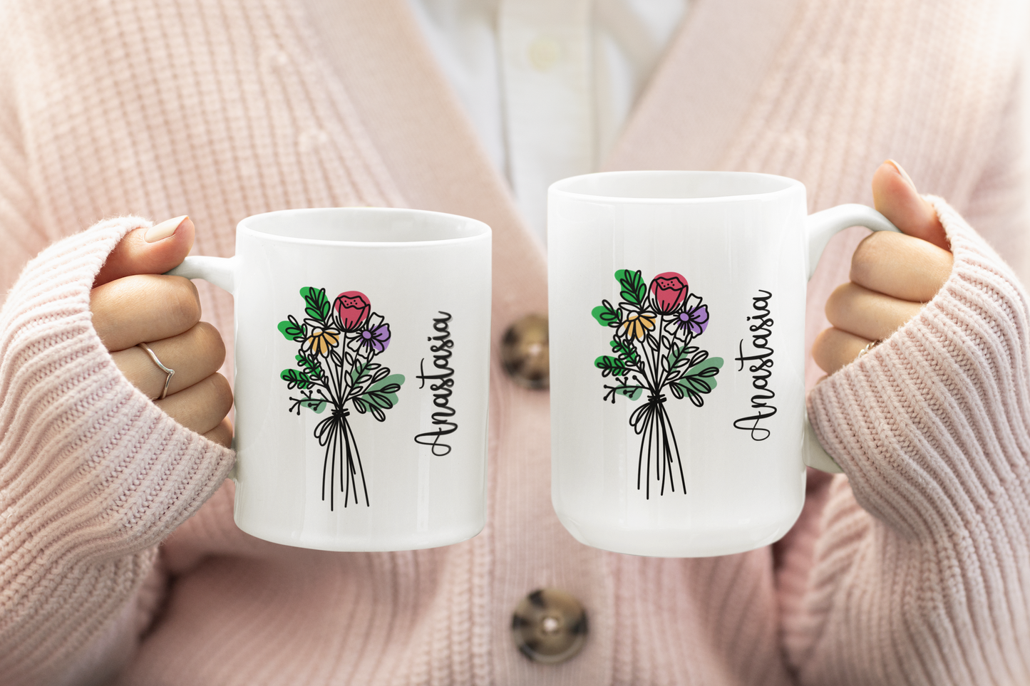 Custom Floral Coffee Mug with Name Personalized Birth Flower Design Coquette Style Gift for Mom Friend Daughter Wife or Coworker Birthday