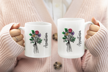 Custom Floral Coffee Mug with Name Personalized Birth Flower Design Coquette Style Gift for Mom Friend Daughter Wife or Coworker Birthday