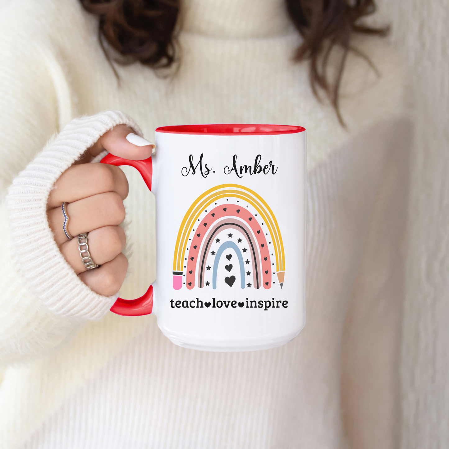 Personalised rainbow and pencil teacher mug custom name coffee cup perfect teacher appreciation thank you teacher gift back to school gift