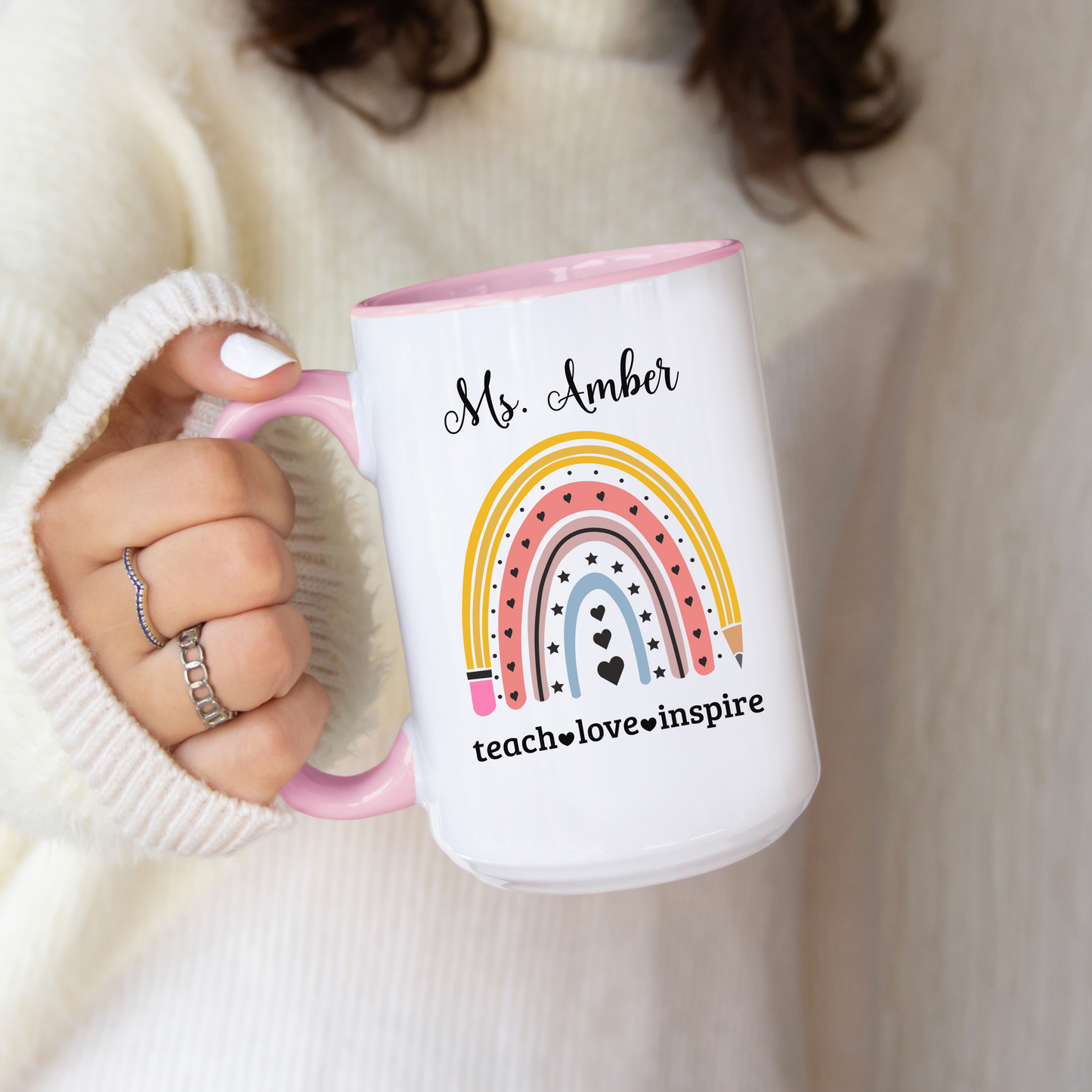 Personalised rainbow and pencil teacher mug custom name coffee cup perfect teacher appreciation thank you teacher gift back to school gift
