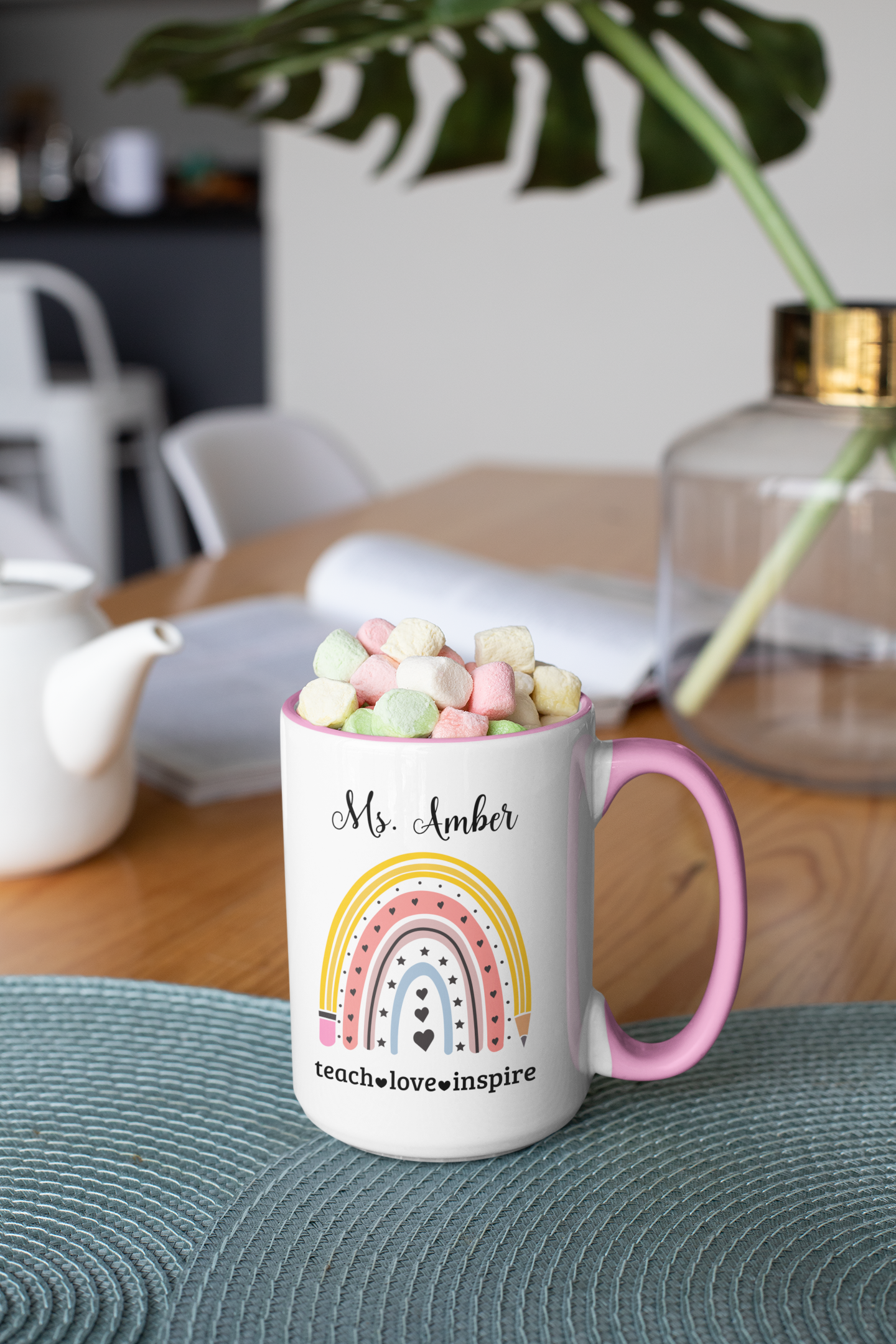 Personalised rainbow and pencil teacher mug custom name coffee cup perfect teacher appreciation thank you teacher gift back to school gift