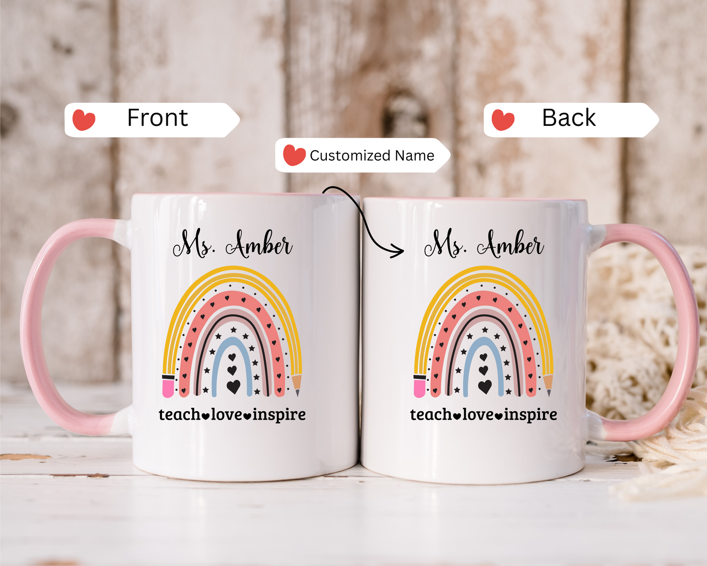 Personalised rainbow and pencil teacher mug custom name coffee cup perfect teacher appreciation thank you teacher gift back to school gift