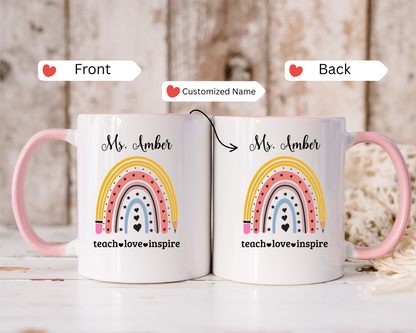 Personalised rainbow and pencil teacher mug custom name coffee cup perfect teacher appreciation thank you teacher gift back to school gift