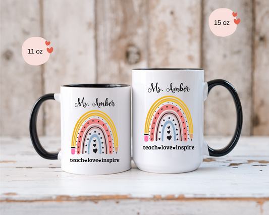 Personalised rainbow and pencil teacher mug custom name coffee cup perfect teacher appreciation thank you teacher gift back to school gift