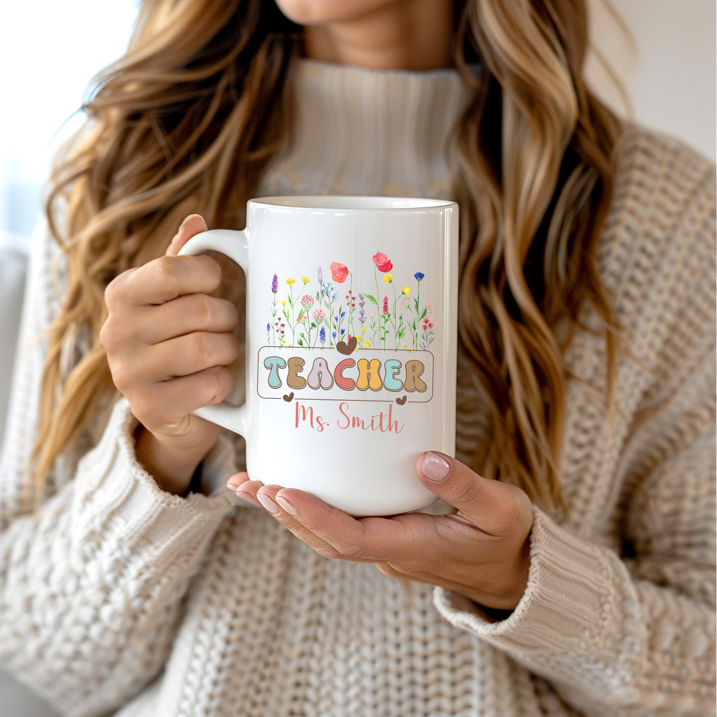 Custom Floral Teacher Coffee Mug with Name Personalized Teacher Gift for Birthday Appreciation Christmas or Back to School Wildflower Design