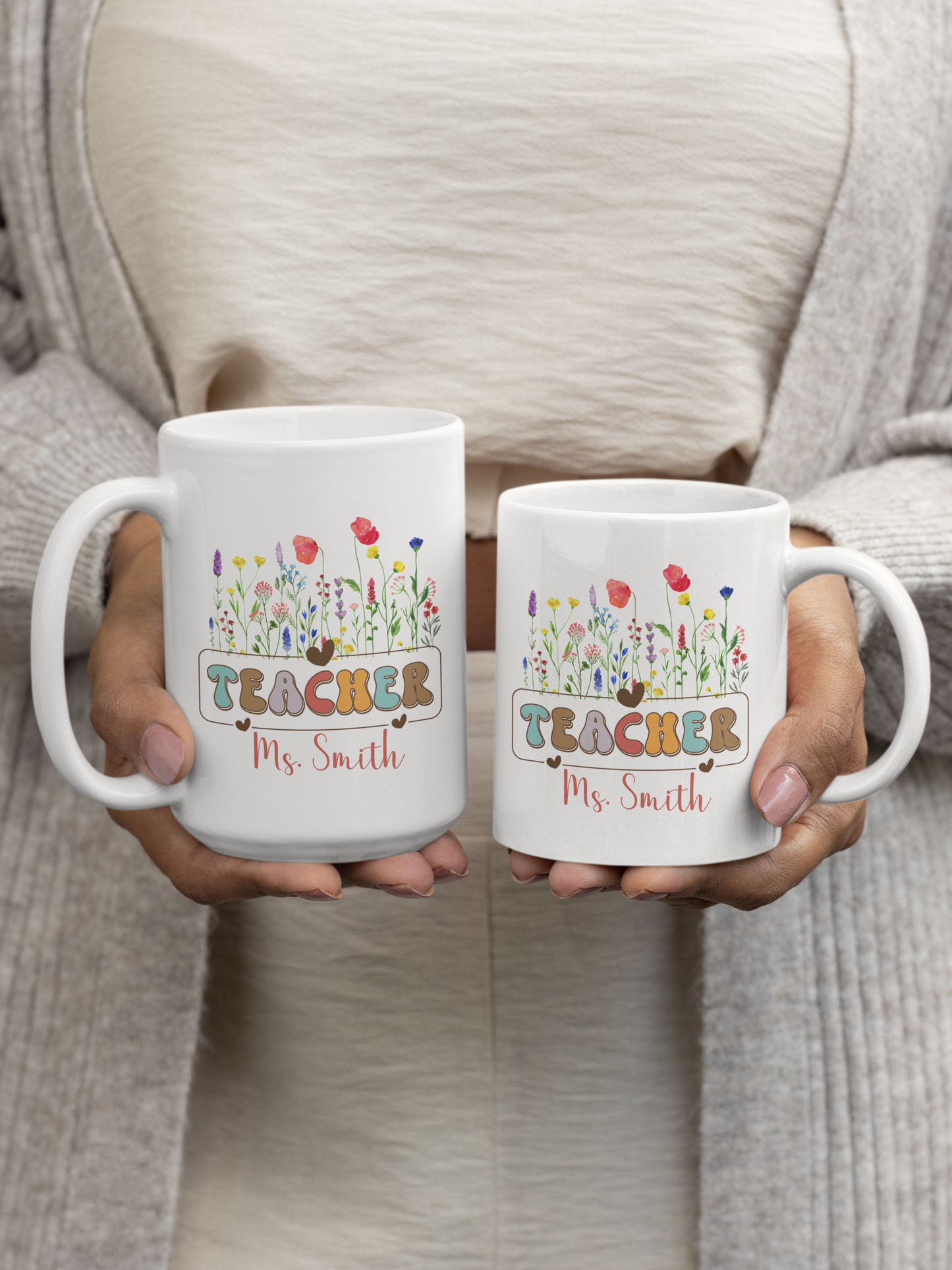 Custom Floral Teacher Coffee Mug with Name Personalized Teacher Gift for Birthday Appreciation Christmas or Back to School Wildflower Design