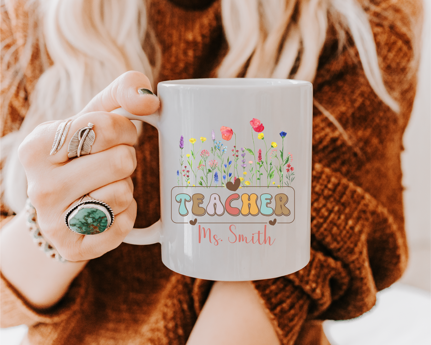 Custom Floral Teacher Coffee Mug with Name Personalized Teacher Gift for Birthday Appreciation Christmas or Back to School Wildflower Design