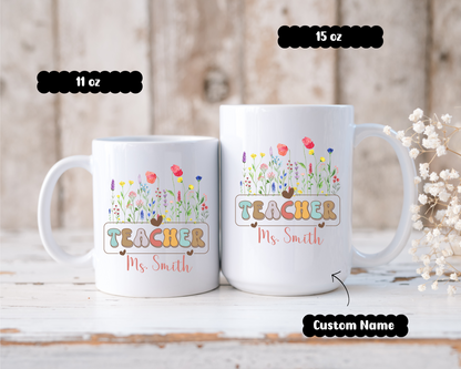 Custom Floral Teacher Coffee Mug with Name Personalized Teacher Gift for Birthday Appreciation Christmas or Back to School Wildflower Design