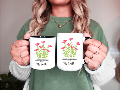 Personalized Teacher Gift Custom Floral Teacher Coffee Mug with Name for Birthday Appreciation Christmas or Back to School Wildflower Design