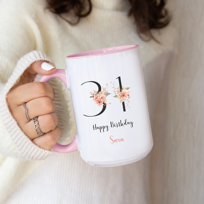 Custom Floral Name Mug with Birth Flower Design Personalized Birthday Gift for Mom Friend Daughter Wife or Coworker 20th to 70th Age Option