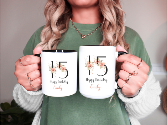 Custom Floral Name Mug with Birth Flower Design Personalized Birthday Gift for Mom Friend Daughter Wife or Coworker 20th to 70th Age Option