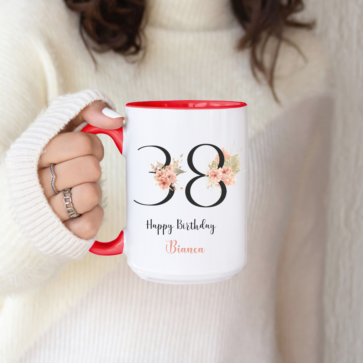 Custom Floral Name Mug with Birth Flower Design Personalized Birthday Gift for Mom Friend Daughter Wife or Coworker 20th to 70th Age Option