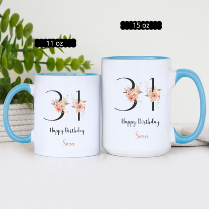 Custom Floral Name Mug with Birth Flower Design Personalized Birthday Gift for Mom Friend Daughter Wife or Coworker 20th to 70th Age Option