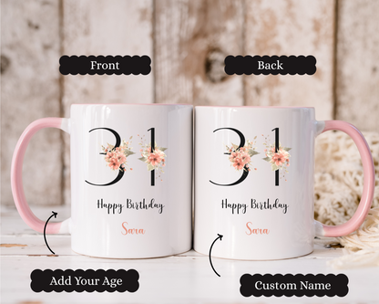 Custom Floral Name Mug with Birth Flower Design Personalized Birthday Gift for Mom Friend Daughter Wife or Coworker 20th to 70th Age Option