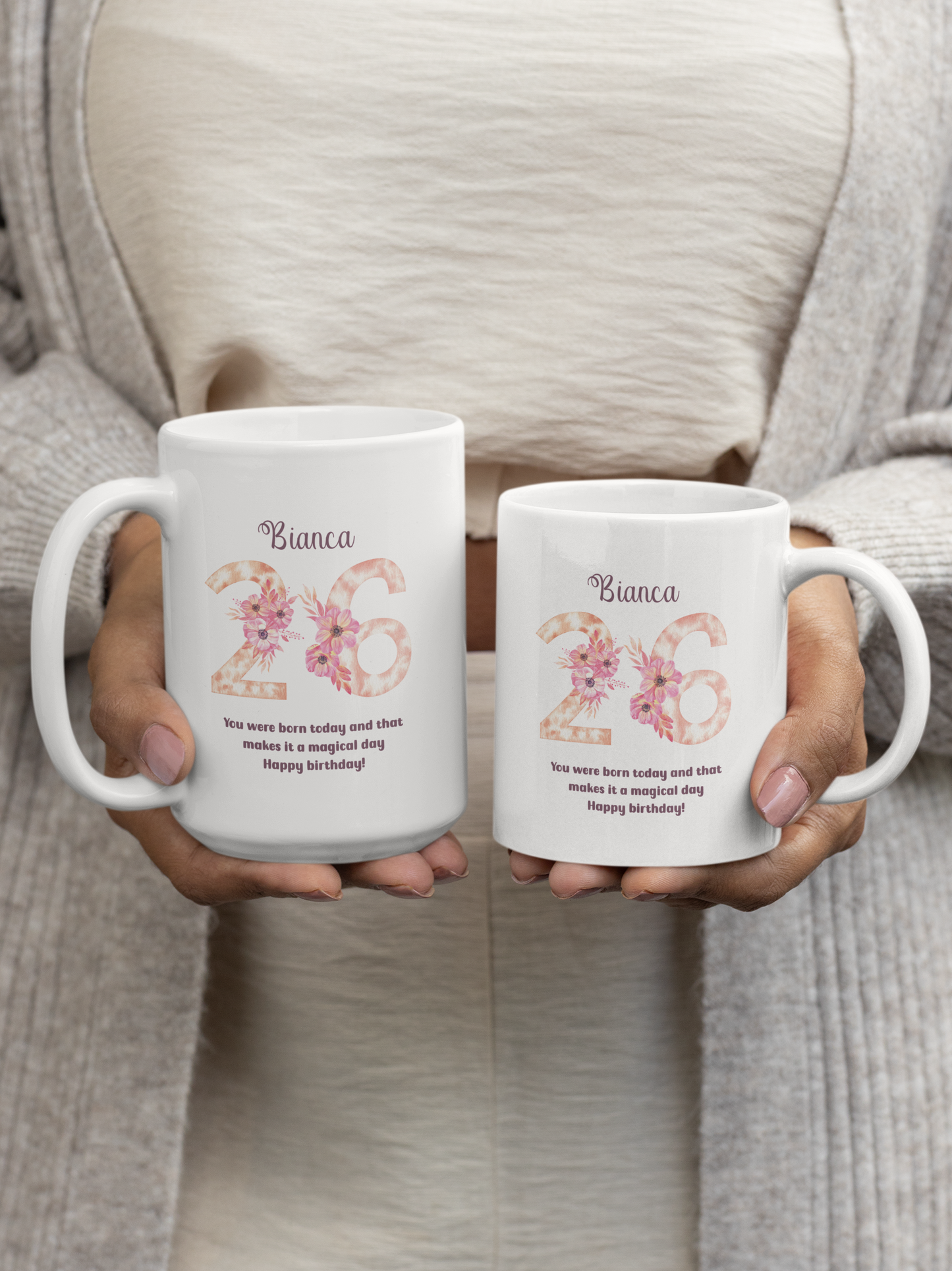 Custom Floral Age Mug with Name and Phrase Design Personalized Birthday Gift for Mom Friend Daughter Wife or Coworker 20th to 70th Age Opt