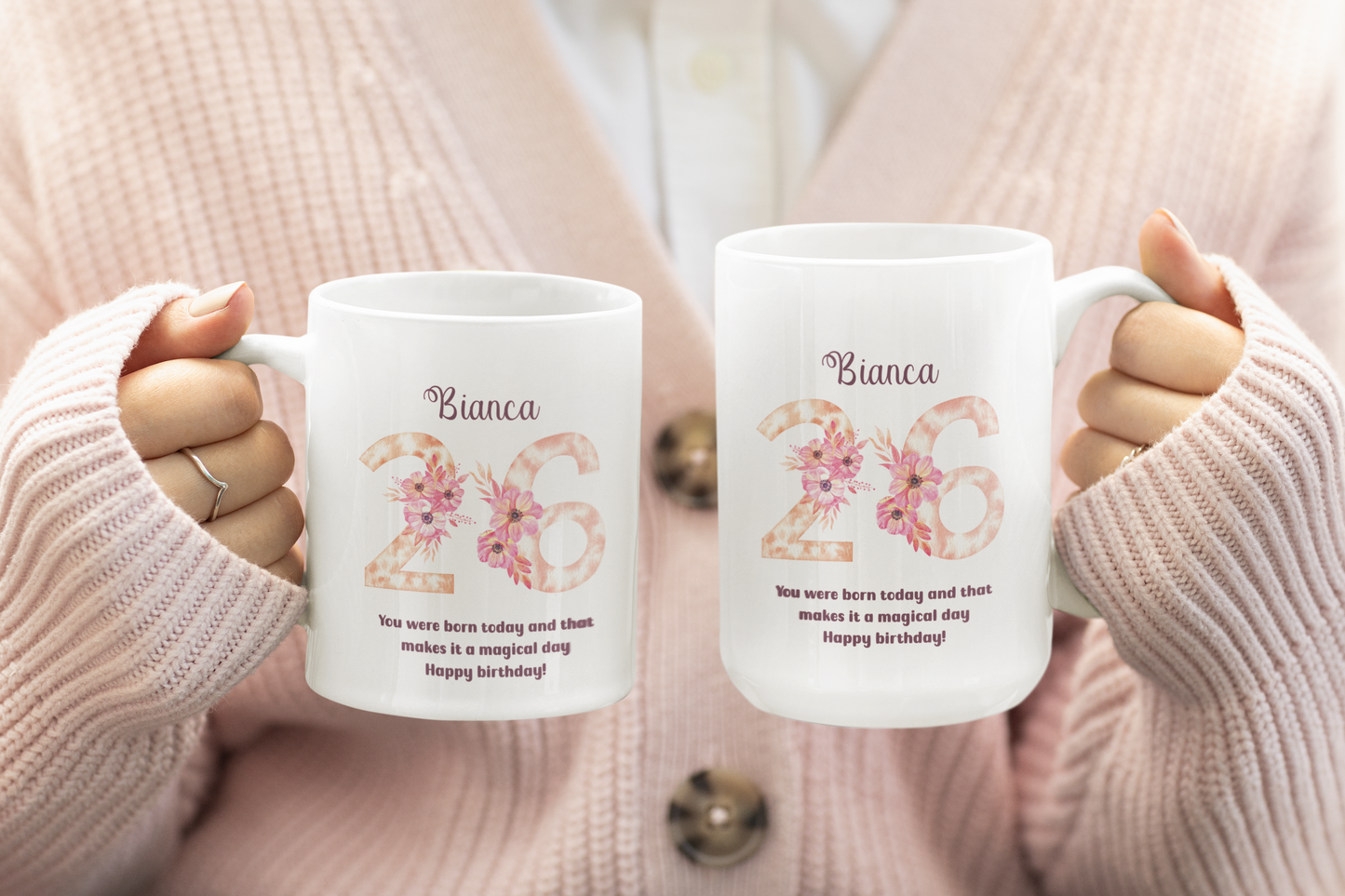 Custom Floral Age Mug with Name and Phrase Design Personalized Birthday Gift for Mom Friend Daughter Wife or Coworker 20th to 70th Age Opt