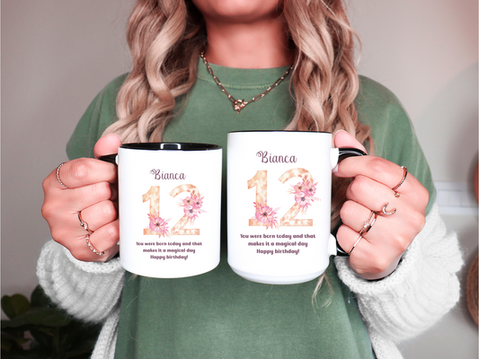 Custom Floral Age Mug with Name and Phrase Design Personalized Birthday Gift for Mom Friend Daughter Wife or Coworker 20th to 70th Age Opt