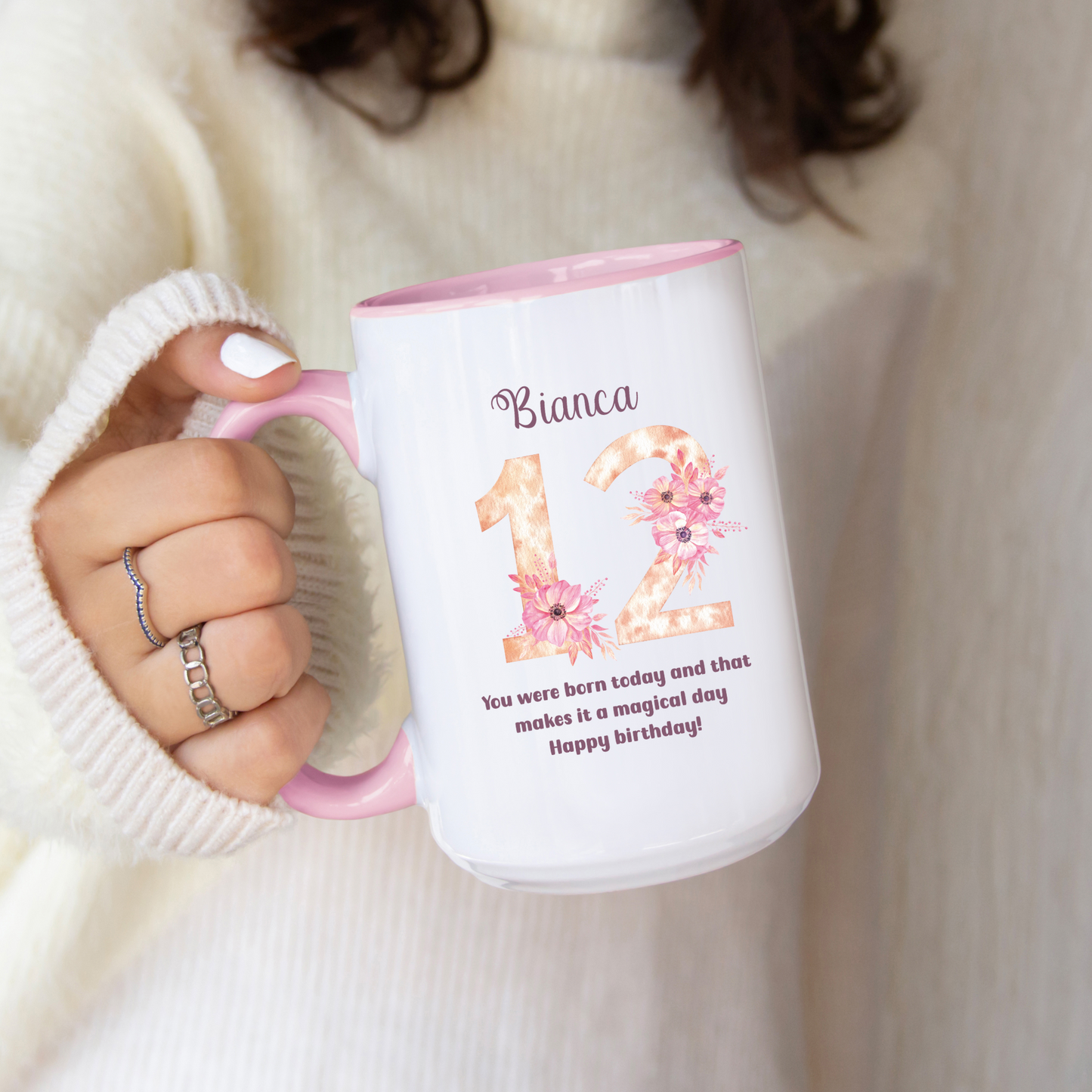 Custom Floral Age Mug with Name and Phrase Design Personalized Birthday Gift for Mom Friend Daughter Wife or Coworker 20th to 70th Age Opt