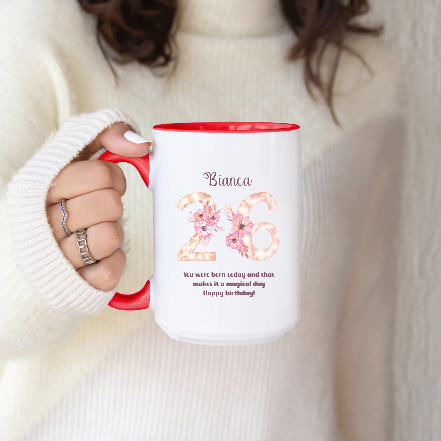 Custom Floral Age Mug with Name and Phrase Design Personalized Birthday Gift for Mom Friend Daughter Wife or Coworker 20th to 70th Age Opt