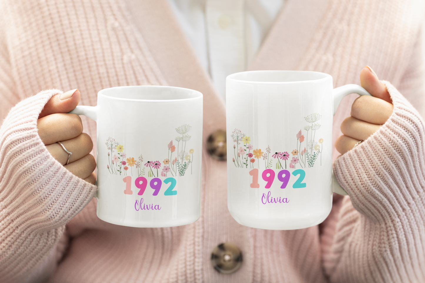 Custom Floral Name Mug with Birth Flower and Year Personalized Birthday Gift for Mom Friend Daughter Wife Coworker or Grandma 20th to 70th