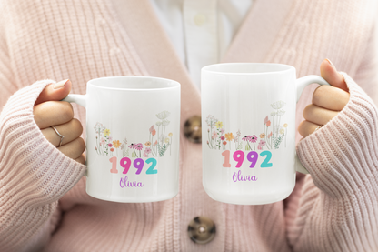 Custom Floral Name Mug with Birth Flower and Year Personalized Birthday Gift for Mom Friend Daughter Wife Coworker or Grandma 20th to 70th
