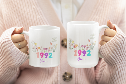 Custom Floral Name Mug with Birth Flower and Year Personalized Birthday Gift for Mom Friend Daughter Wife Coworker or Grandma 20th to 70th