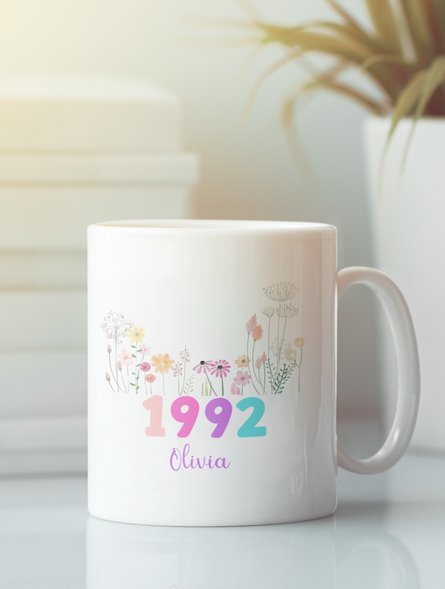 Custom Floral Name Mug with Birth Flower and Year Personalized Birthday Gift for Mom Friend Daughter Wife Coworker or Grandma 20th to 70th