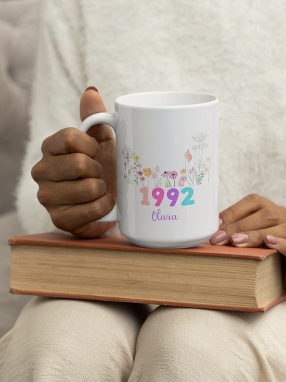 Custom Floral Name Mug with Birth Flower and Year Personalized Birthday Gift for Mom Friend Daughter Wife Coworker or Grandma 20th to 70th