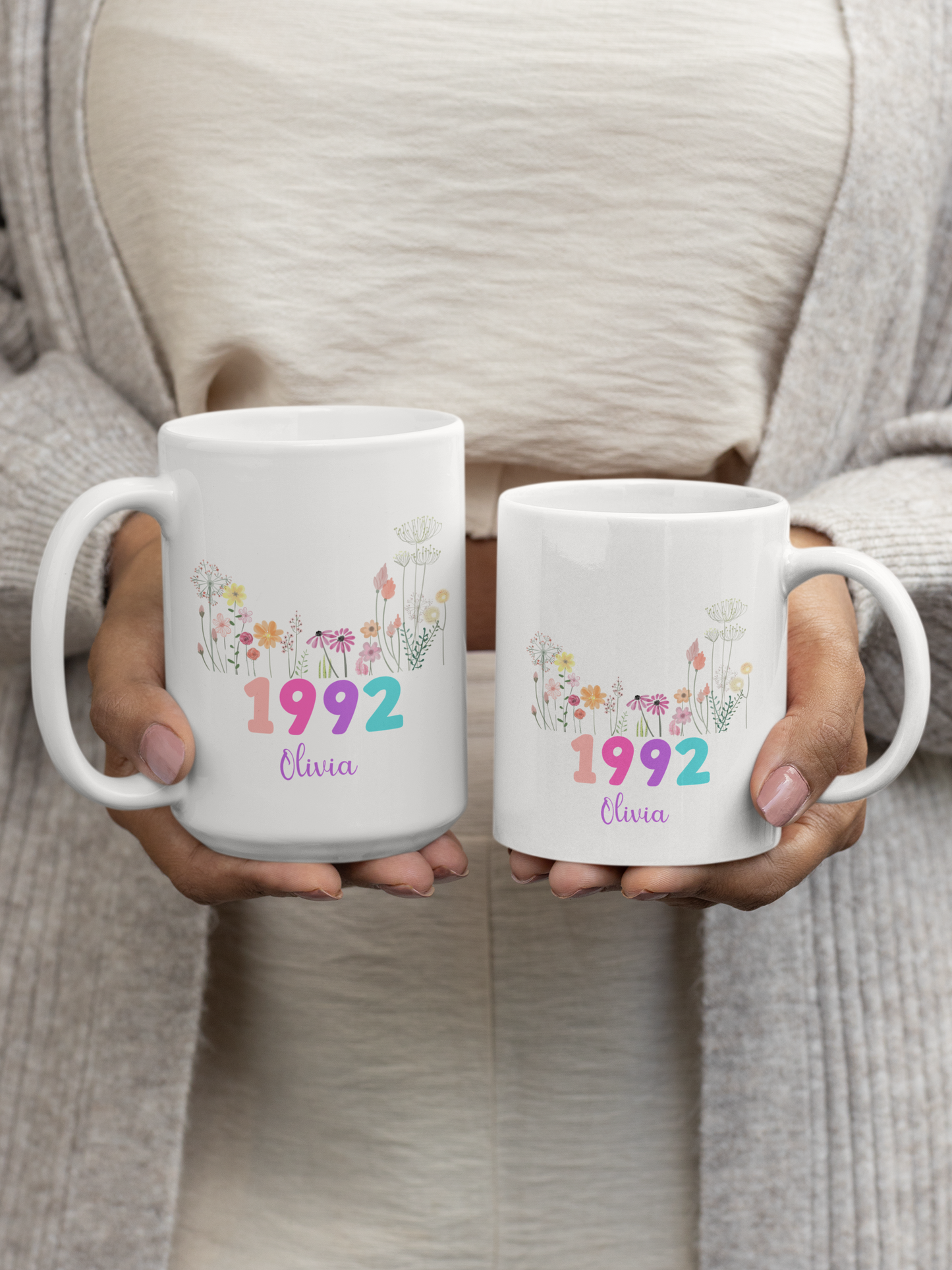 Custom Floral Name Mug with Birth Flower and Year Personalized Birthday Gift for Mom Friend Daughter Wife Coworker or Grandma 20th to 70th
