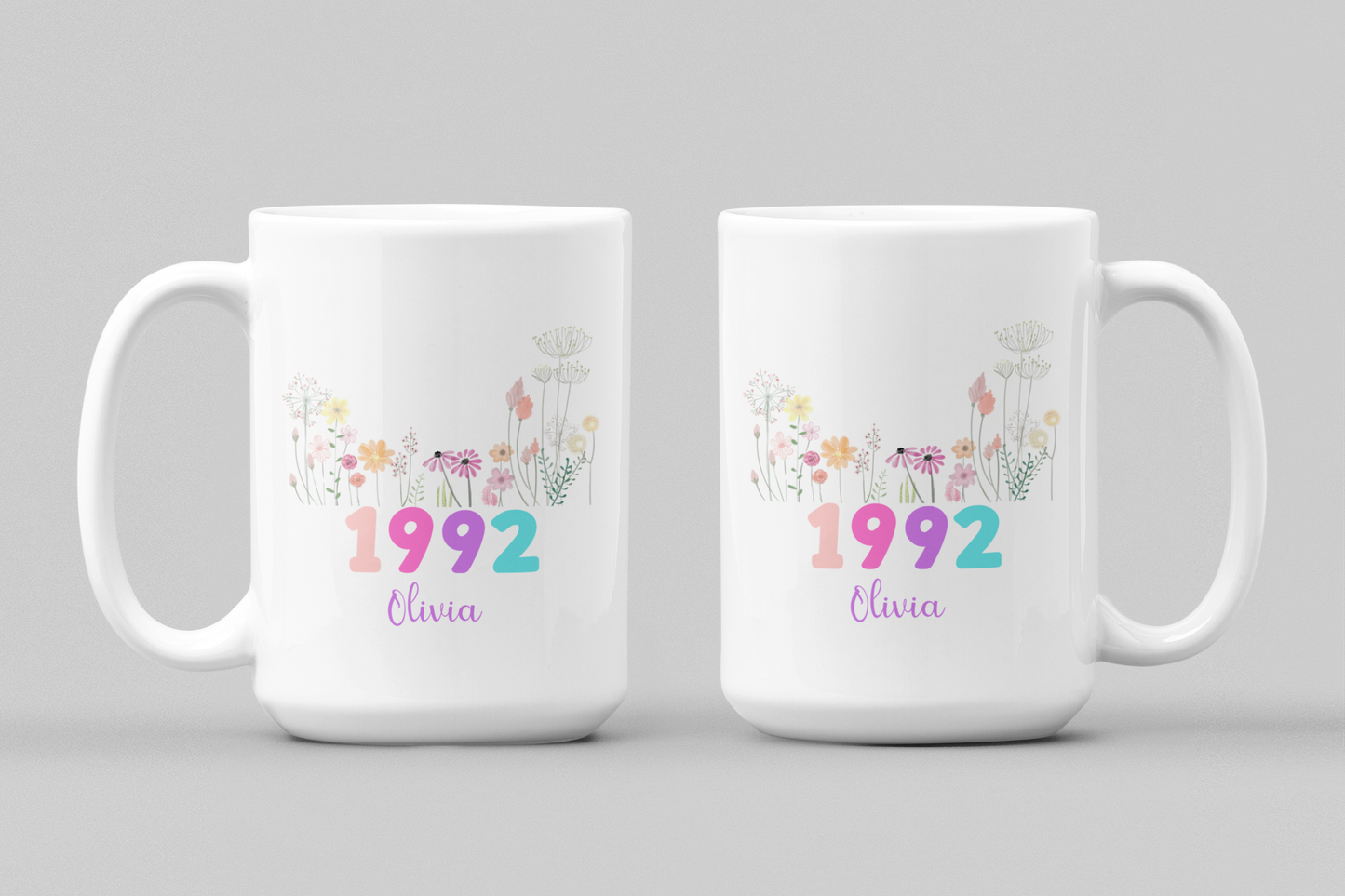 Custom Floral Name Mug with Birth Flower and Year Personalized Birthday Gift for Mom Friend Daughter Wife Coworker or Grandma 20th to 70th