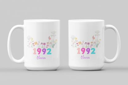 Custom Floral Name Mug with Birth Flower and Year Personalized Birthday Gift for Mom Friend Daughter Wife Coworker or Grandma 20th to 70th