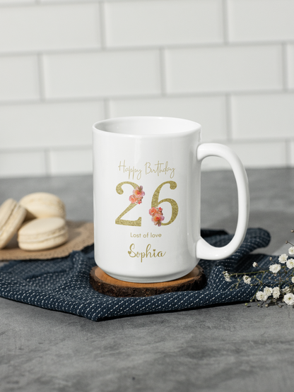 10th to 70th Age Custom Floral Mug with Name and Age, Design Personalized Birthday Gift for Mom Friend Daughter Wife or Coworker, Birthday