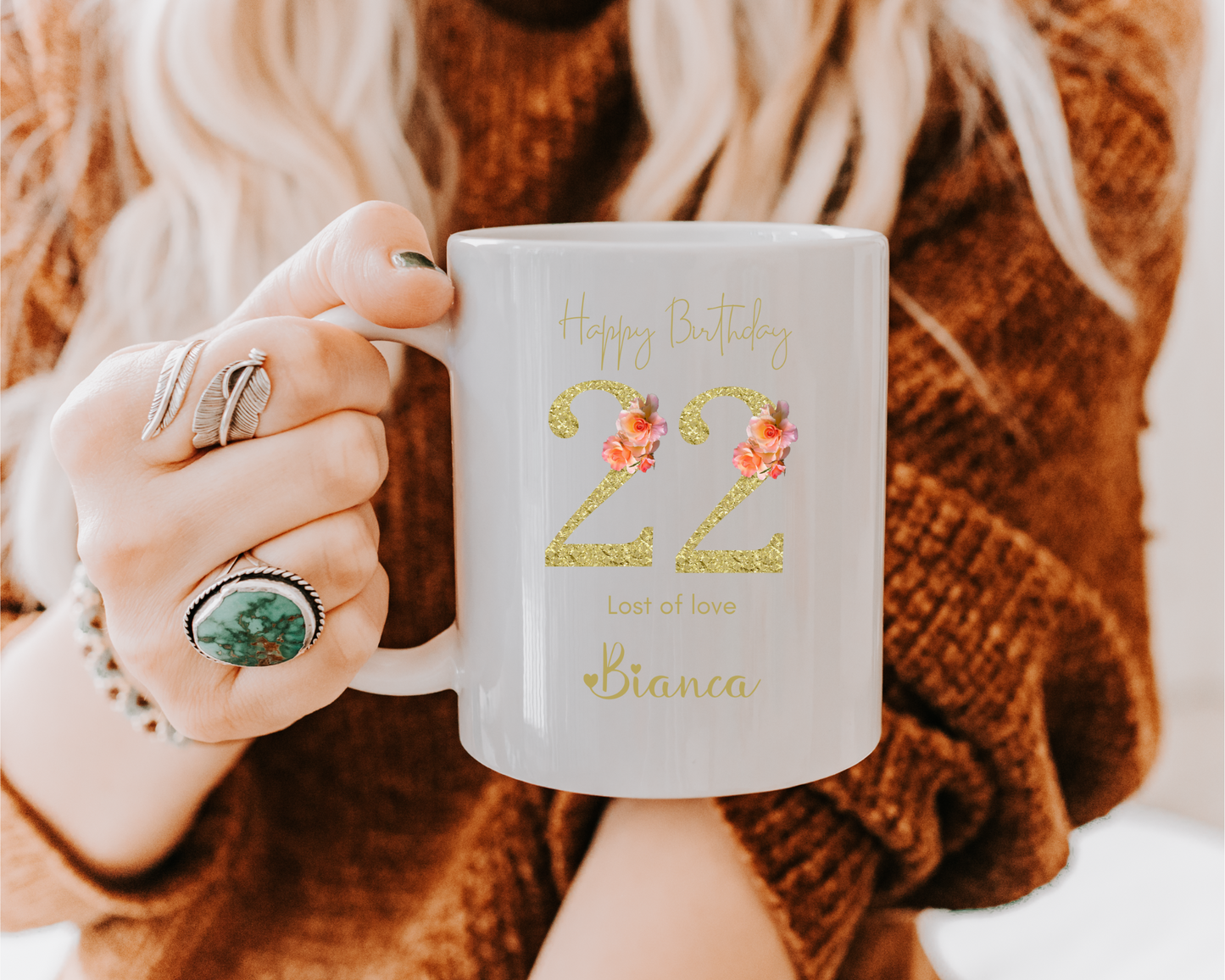 10th to 70th Age Custom Floral Mug with Name and Age, Design Personalized Birthday Gift for Mom Friend Daughter Wife or Coworker, Birthday