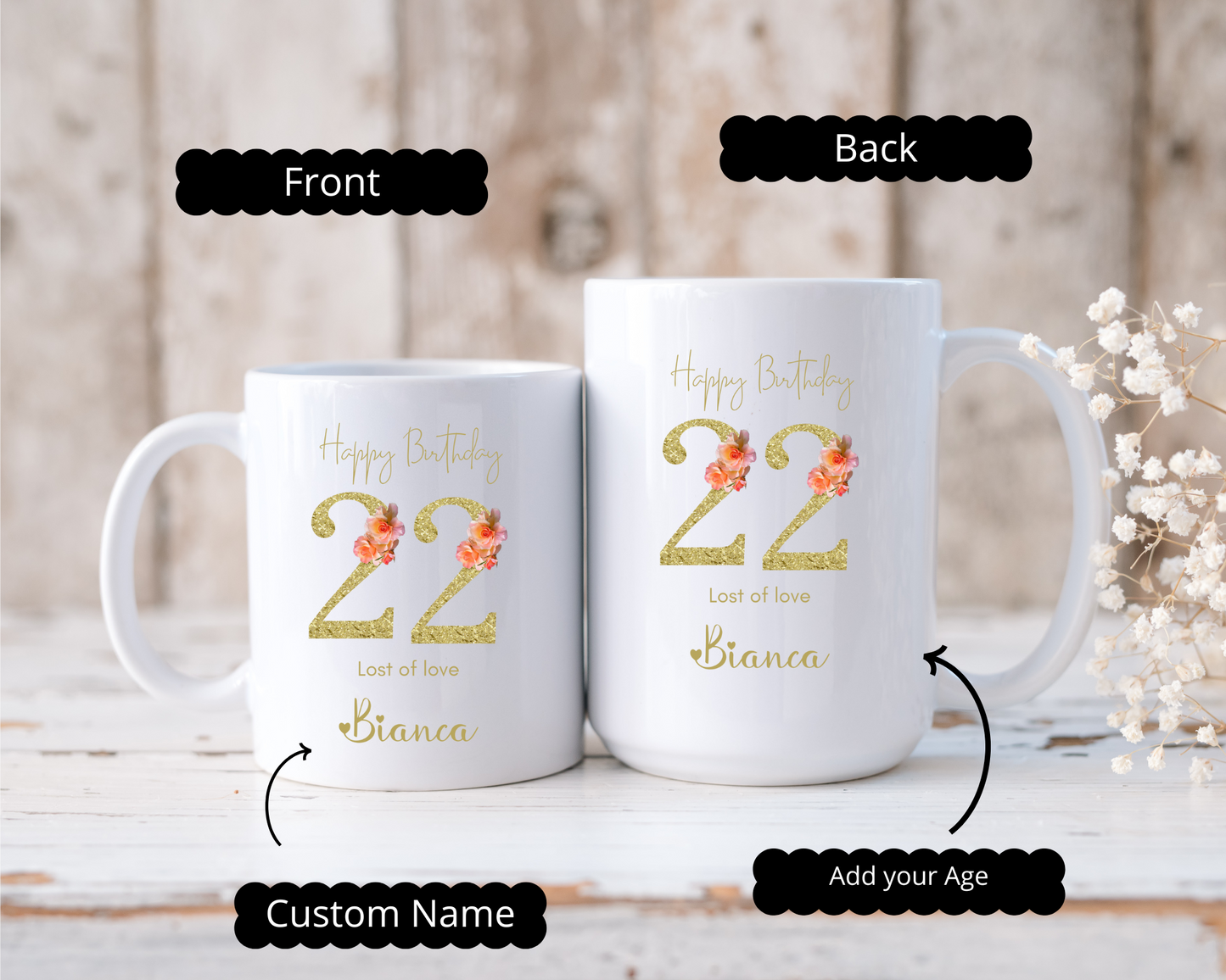 10th to 70th Age Custom Floral Mug with Name and Age, Design Personalized Birthday Gift for Mom Friend Daughter Wife or Coworker, Birthday