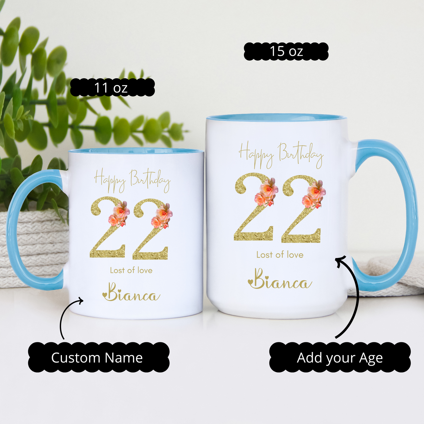 Mug for Her,  Custom Age Mug with Name and Age Design Personalized Birthday Gift for Mom Friend Daughter Wife or Coworker 20th to 70th Age