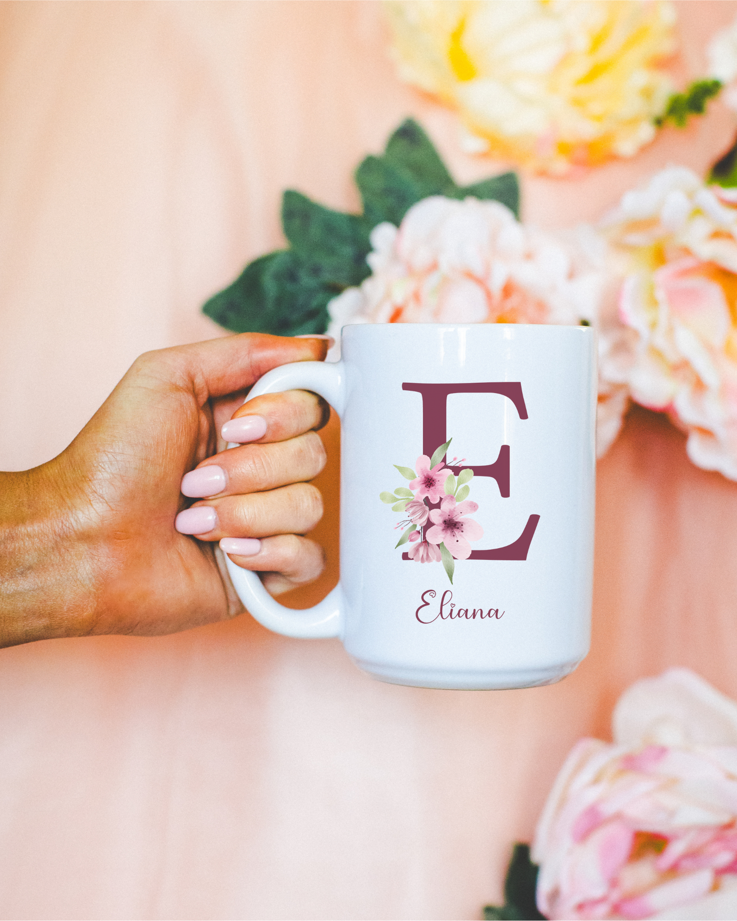 Custom Initial Coffee Mug with Name Custom Letter Floral Design Personalized Gift for Mom Aunt Sister Friend or Grandma Birthday or Holidays