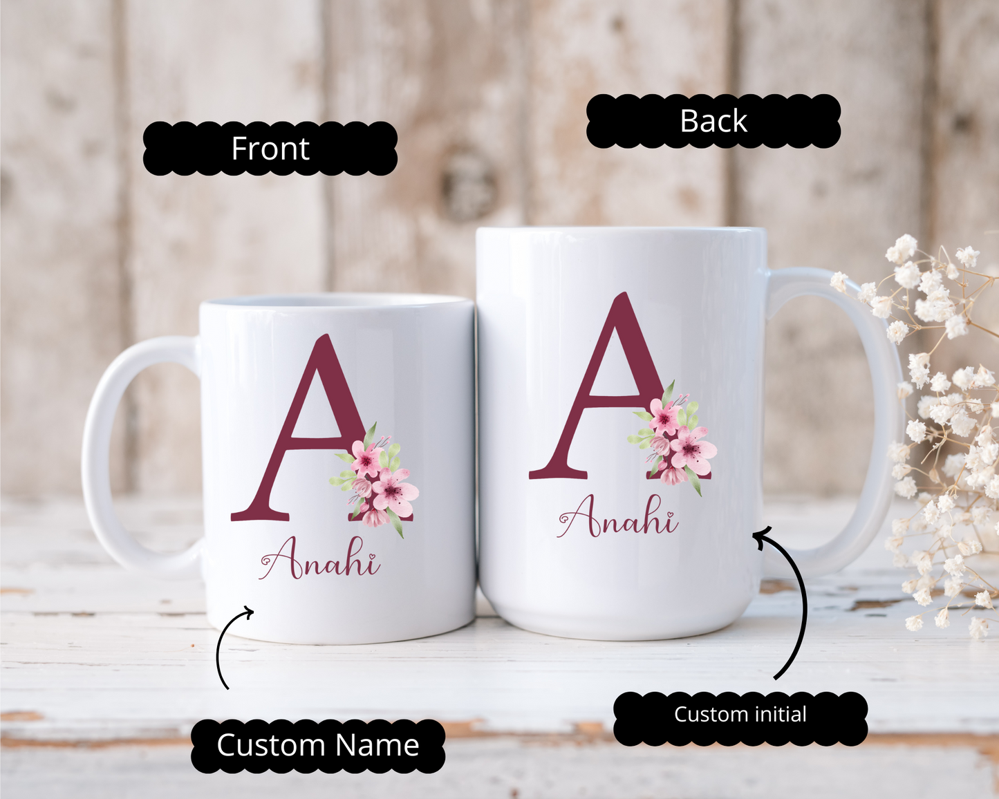 Custom Initial Coffee Mug with Name Custom Letter Floral Design Personalized Gift for Mom Aunt Sister Friend or Grandma Birthday or Holidays