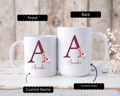 Custom Initial Coffee Mug with Name Custom Letter Floral Design Personalized Gift for Mom Aunt Sister Friend or Grandma Birthday or Holidays