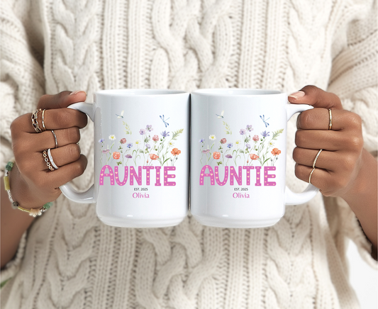 Custom Auntie Coffee Mug with Floral Design Personalized Name Gift for Aunt Birthday Christmas or From Nephew Best Aunt Ever Gift Idea